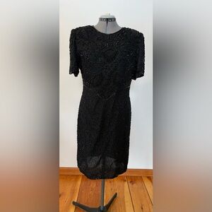 Vintage Silk, Black beaded short sleeve cocktail dress, size XL